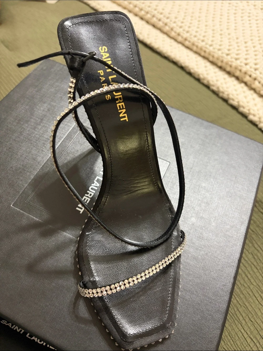 Saint Laurent Black Leather Rhinestone-Strap Heels - Picture 1 of 4